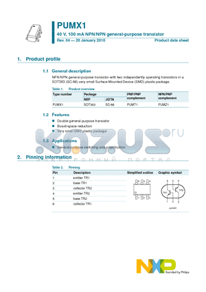 PUMX1 datasheet - 40 V, 100 mA NPN/NPN general-purpose transistor