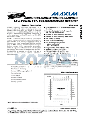 MAX7042 datasheet - 308MHz/315MHz/418MHz/433.92MHz Low-Power, FSK Superheterodyne Receiver