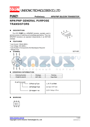PUMZ1G-AL6-R datasheet - NPN/PNP GENERAL PURPOSE TRANSISTORS