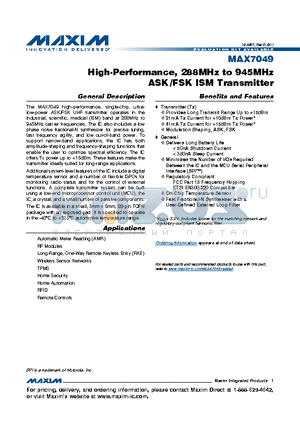 MAX7049 datasheet - High-Performance, 288MHz to 945MHz ASK/FSK ISM Transmitter