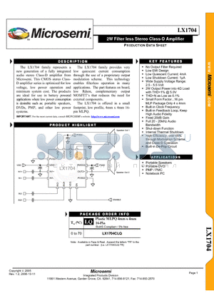 LX1704 datasheet - 2W Filter less Stereo Class-D Amplifier