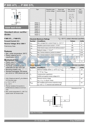 P800BTL datasheet - Standard silicon rectifier diodes