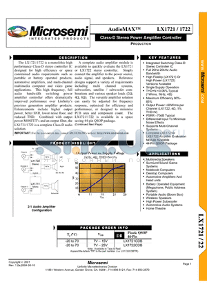 LX1721 datasheet - Class-D Stereo Power Amplifier Controller