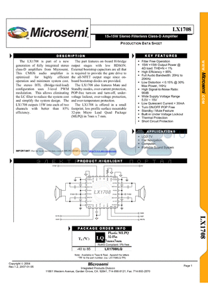 LX1708ILQ datasheet - 1515W Stereo Filterless Class-D Amplifier