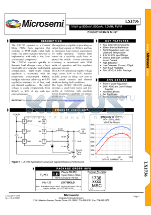 LX1736 datasheet - VREF @ 800mV, 900mA, 1.0MHZ PWM a Current  Mode PWM Buck regulator that switches to PFM mode under light loads