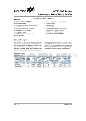 HT93214A datasheet - 1-memory Tone/Pulse Dialer