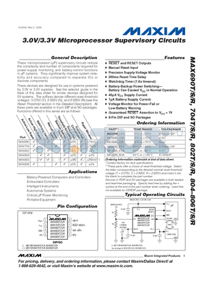 MAX704_MJA datasheet - 3.0V/3.3V Microprocessor Supervisory Circuits
