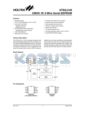 HT93LC46_10 datasheet - CMOS 1K 3-Wire Serial EEPROM