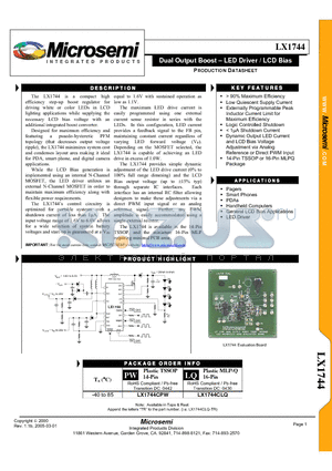 LX1744CPW datasheet - Dual Output Boost - LED Driver / LCD Bias