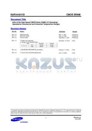 K6R1008C1D datasheet - 64Kx16 Bit High-Speed CMOS Static RAM(3.3V Operating) Operated at Commercial and Industrial Temperature Ranges.