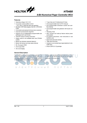 HT9480_02 datasheet - 8-Bit Numerical Pager Controller MCU