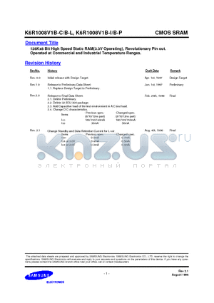 K6R1008V1B-C10 datasheet - 128Kx8 Bit High Speed Static RAM(3.3V Operating), Revolutionary Pin out. Operated at Commercial and Industrial Temperature Ranges