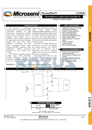 LX1810 datasheet - ThermoElectric Cooler Drive Controller IC
