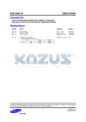 K6R1008V1D-JTCI08/10 datasheet - 64Kx16 Bit High-Speed CMOS Static RAM(3.3V Operating) Operated at Commercial and Industrial Temperature Ranges.