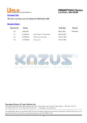 EM680FV8AU-55LF datasheet - Low Power, 1Mx8 SRAM