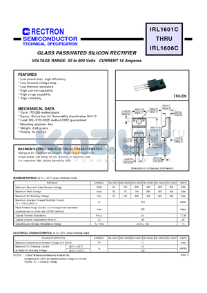 IRL1603C datasheet - GLASS PASSIVATED SILICON RECTIFIER VOLTAGE RANGE 50 to 800 Volts CURRENT 16 Amperes