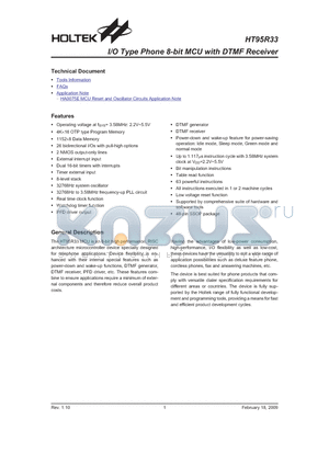 HT95R33 datasheet - I/O Type Phone 8-bit MCU with DTMF Receiver