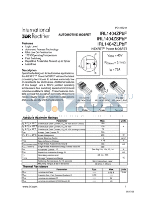 IRL1404ZLPBF datasheet - AUTOMOTIVE MOSFET HEXFET^ Power MOSFET