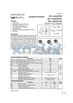 IRL1404ZPBF datasheet - AUTOMOTIVE MOSFET HEXFET^ Power MOSFET