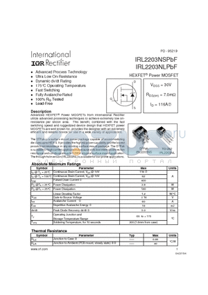 IRL2203NLPBF datasheet - HEXFET^ Power MOSFET