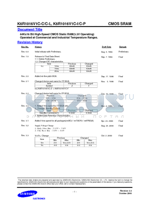 K6R1016V1C datasheet - 64Kx16 Bit High-Speed CMOS Static RAM(3.3V Operating) Operated at Commercial and Industrial Temperature Ranges.