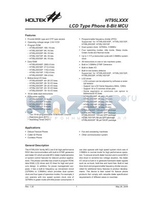 HT95LXXX datasheet - LCD Type Phone 8-Bit MCU