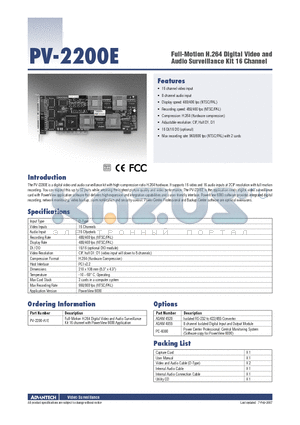 PV-2200E datasheet - Full-Motion H.264 Digital Video and Audio Surveillance Kit 16 Channel