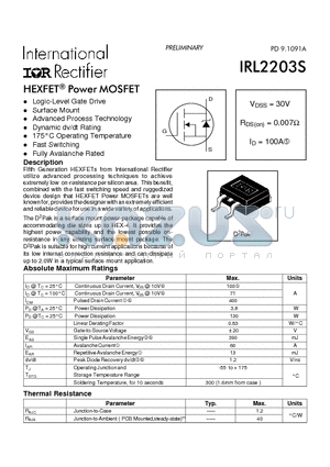 IRL2203S datasheet - Power MOSFET(Vdss=30V, Rds(on)=0.007ohm, Id=100A)