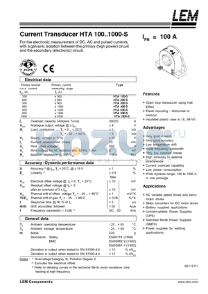 HTA200-S datasheet - Current Transducer HTA 100~1000-S