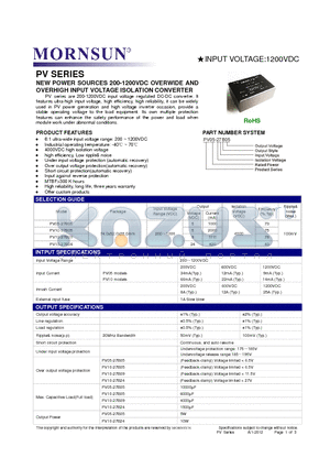 PV10-27B09 datasheet - NEW POWER SOURCES 200-1200VDC OVERWIDE AND OVERHIGH INPUT VOLTAGE ISOLATION CONVERTER