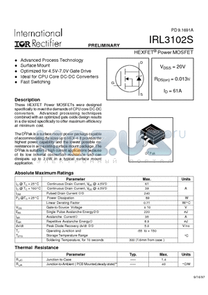 IRL3102S datasheet - Power MOSFET(Vdss=20V, Rds(on)=0.013w, Id=61A)
