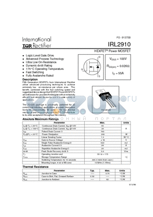 IRL2910 datasheet - HEXFET Power MOSFET