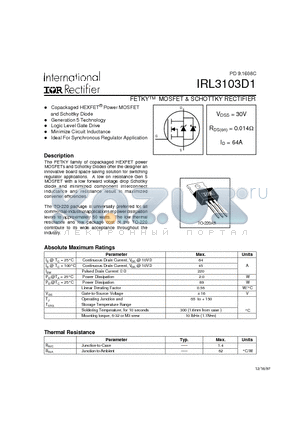 IRL3103D1 datasheet - FETKY MOSFET & SCHOTTKY RECTIFIER(Vdss=30V, Rds(on)=0.014ohm, Id=64A)