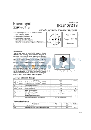 IRL3103D1S datasheet - FETKY MOSFET & SCHOTTKY RECTIFIER(Vdss=30V, Rds(on)=0.014ohm, Id=64A)