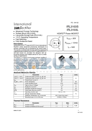IRL3103S datasheet - Power MOSFET(Vdss=30V, Rds(on)=12mohm, Id=64A)