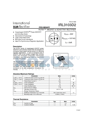 IRL3103D2 datasheet - FETKY MOSFET & SCHOTTKY RECTIFIER(Vdss=30V, Rds(on)=0.014ohm, Id=54A)