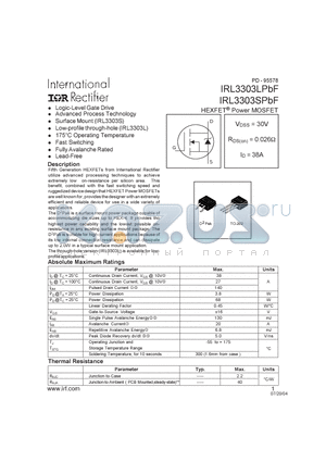 IRL3303LPBF datasheet - HEXFET^ Power MOSFET