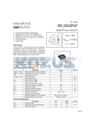 IRL3502 datasheet - HEXFET Power MOSFET