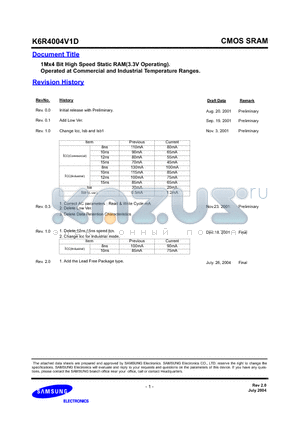 K6R4004C1D datasheet - 1Mx4 Bit High Speed Static RAM(3.3V Operating). Operated at Commercial and Industrial Temperature Ranges