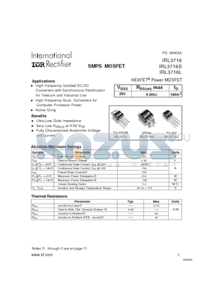 IRL3716 datasheet - HEXFET Power MOSFET