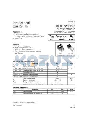 IRL3715ZCSPBF datasheet - HEXFET^ Power MOSFET