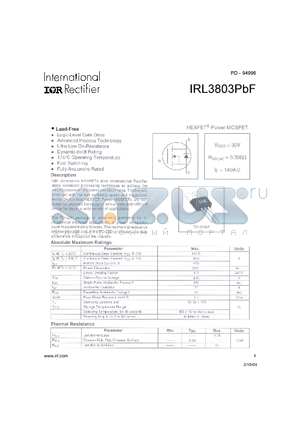 IRL3803PBF datasheet - HEXFET^ Power MOSFET