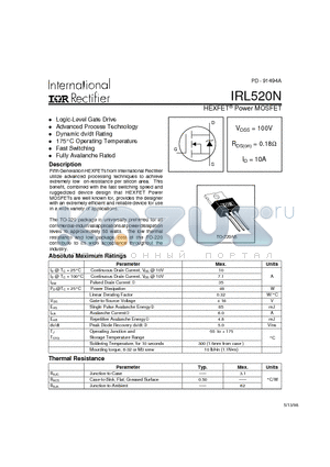 IRL520N datasheet - HEXFET Power MOSFET