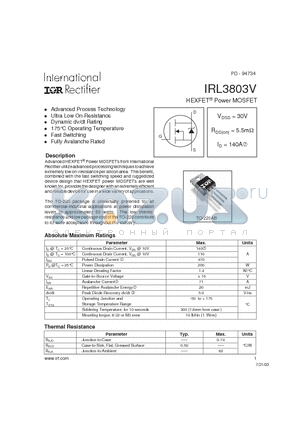 IRL3803V datasheet - HEXFET Power MOSFET