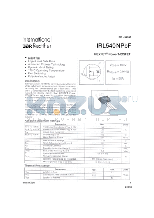 IRL540NPBF datasheet - HEXFET^ Power MOSFET