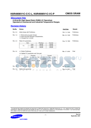 K6R4008V1C-I15 datasheet - 512Kx8 Bit High Speed Static RAM(3.3V Operating). Operated at Commercial and Industrial Temperature Ranges.