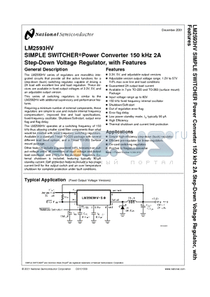 LM2593HV datasheet - SIMPLE SWITCHER Power Converter 150 kHz 2A Step-Down Voltage Regulator, with Features