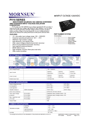 PV15-27B24 datasheet - NEW POWER SOURCES 100-1200VDC OVERWIDE AND OVERHIGH INPUT VOLTAGE ISOLATION CONVERTER