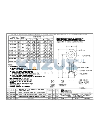 PV18-10R datasheet - 22-18 BARREL FUNNELED VINYL INSULATED RING TONGUE,  .150(3.81) MAX WIRE INSULATION DIAMETER