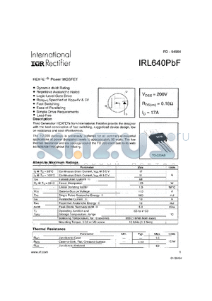 IRL640PBF datasheet - HEXFET Power MOSFET ( VDSS = 200V , RDS(on) = 0.18Y , ID = 17A )